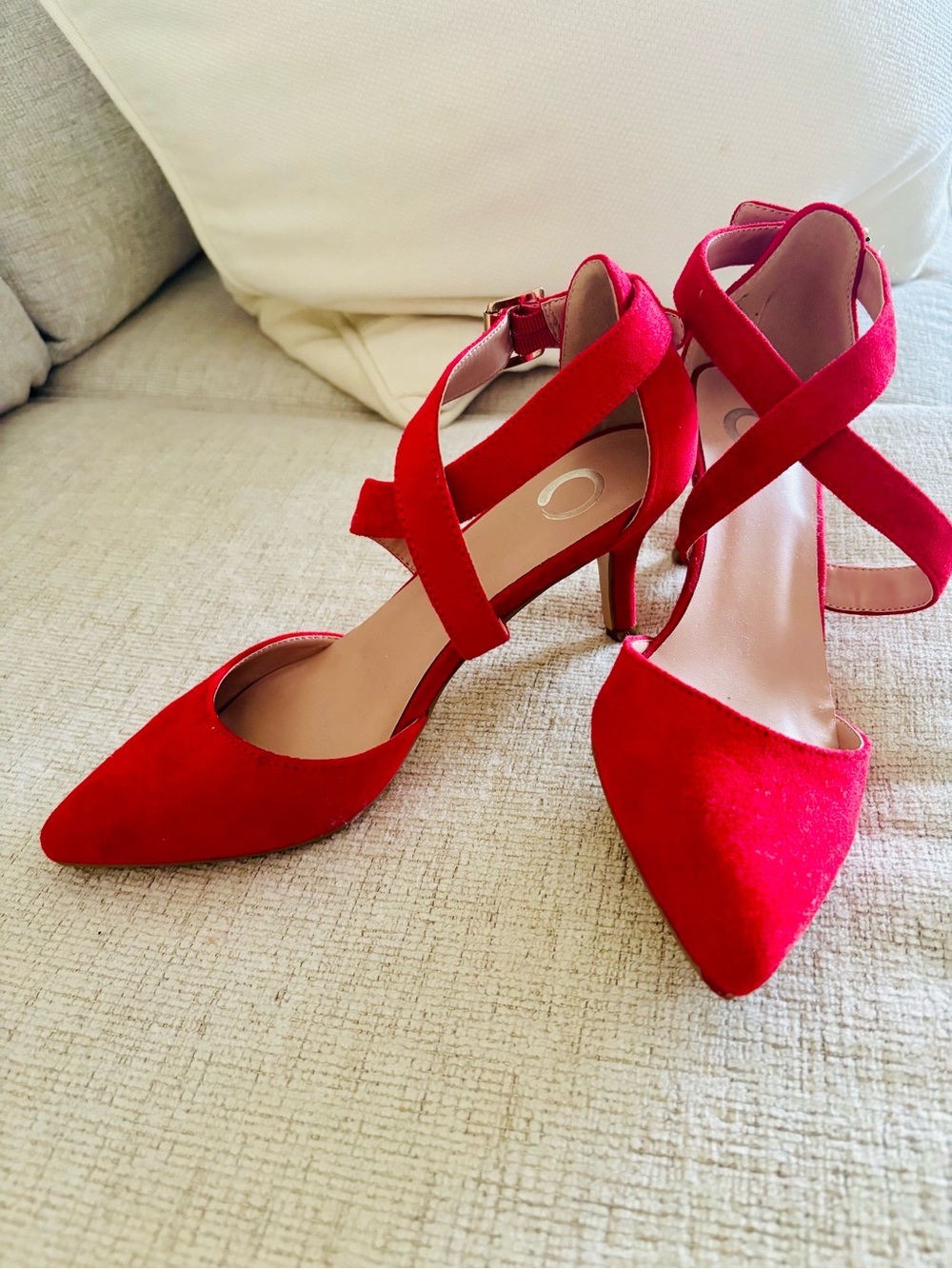 Women's Red Suede Crisscross Ankle Strap Pumps